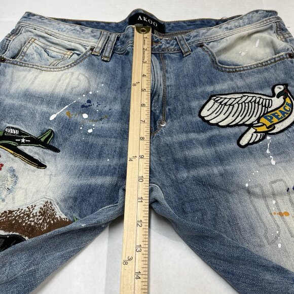 Akoo Jeans Men 36 No Rivals Distressed Patches Paint Splatter Hip Hop Streetwear - Picture 8 of 14